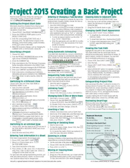 Microsoft Project 2013 Quick Reference Guide (Creating a Basic Project (Laminated Card))
