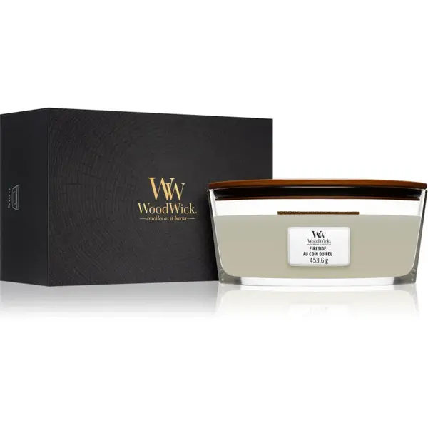 Woodwick Fireplace Fireside vonná svíčka s dřevěným knotem (hearthwick) (gift box) 453 g