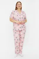 Trendyol Curve Powder Star Pattern Shirt Collar Knitted Pajamas Set