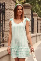 Summer dress with mint stripes on the shoulders