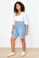 Trendyol Curve Blue Leg Tassel Detailed Stretchy Skinny Denim Shorts