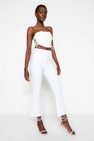 Trendyol White High Waist Crop Flare Jeans