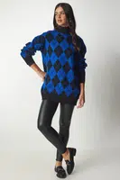 Happiness İstanbul Dámsky modrý diamantový vzor oversized pletený sveter