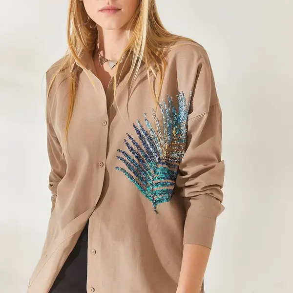 Olalook Mink Palm Sequin Detailed Oversize Woven Poplin Shirt