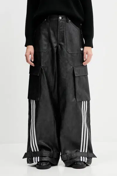 Kalhoty adidas Originals FAUX LTHR dámské, černá barva, široké, high waist, JX9226