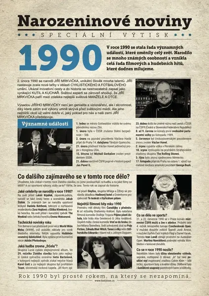 Narozeninové noviny 1990 s vlastním textem a fotografií, S textem