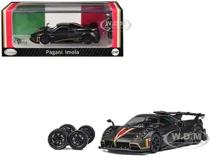 Pagani Imola Black Carbon with Red and Gold Stripes with Extra Wheels 1/64 Diecast Model Car by CM Model