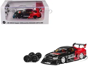 Nissan Skyline LB-ER34 "Super Silhouette" RHD (Right Hand Drive) "ADVAN" Black and Red with Extra Wheels 1/64 Diecast Model Car by CM Model
