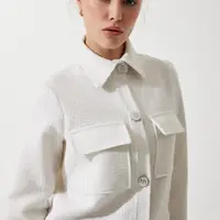 Happiness İstanbul Women's Off-White Stylish Buttoned Woven Tweed Jacket with Pockets