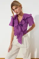 Trendyol Purple Ruffle and Tie Detailed Woven Blouse
