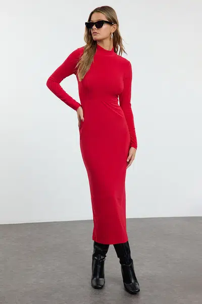 Trendyol Red Stand Collar Fitted/Fits Body Maxi Stretch Knit Dress