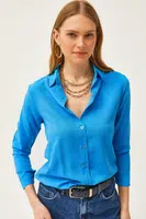 Olalook Women's Leopard Blue Jacquard Satin Detailed Woven Shirt