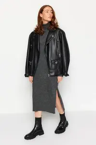 Trendyol Anthracite Midi Knit Wide Pattern Soft Texture Dress
