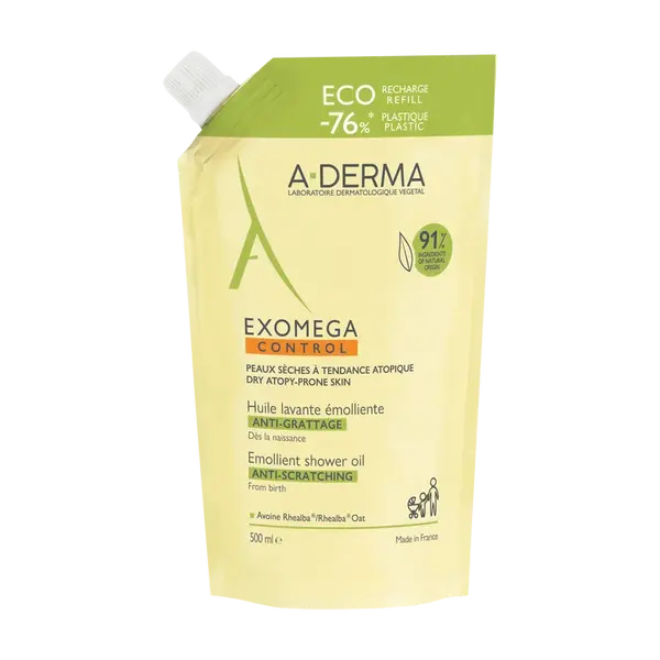 A-DERMA Exomega Control Zvláčňujúci sprchový olej - Recyklovateľná ECO náhradná náplň 500 ml