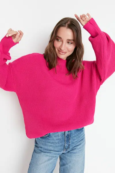 Trendyol Fuchsia Wide Fit Crew Neck Pletený svetr