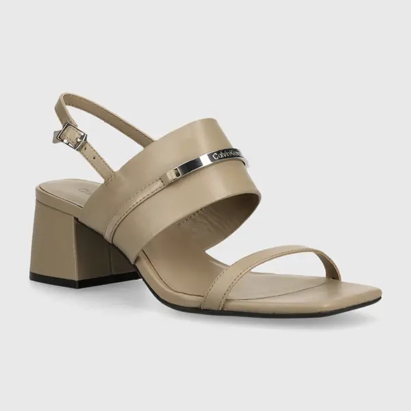 Kožené sandály Calvin Klein HEEL SANDAL 45 MET BAR LTH béžová barva, HW0HW02056