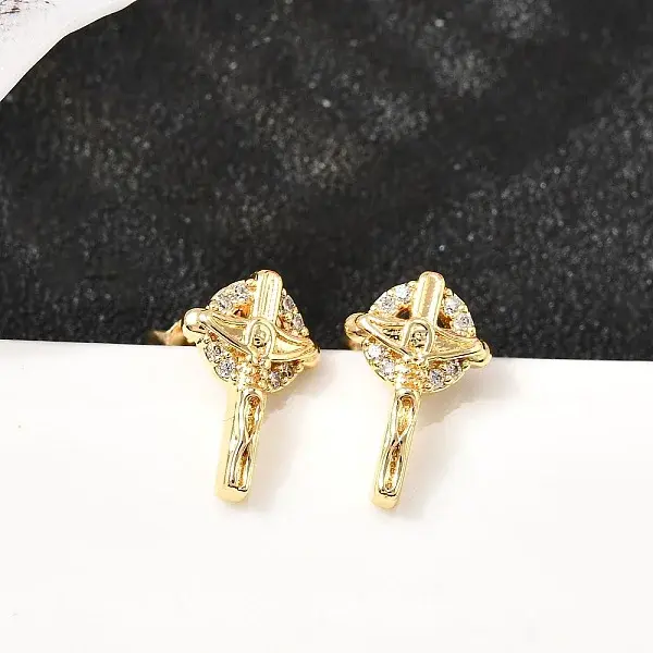 Cross Brass Micro Pave Clear Cubic Zirconia Stud Earrings