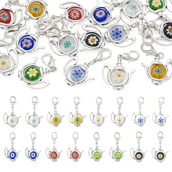 16Pcs 8 Style Handmade Millefiori Lampwork & Alloy Pendants