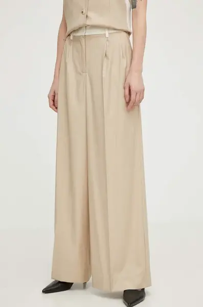 Kalhoty s příměsí vlny Remain béžová barva, jednoduché, high waist