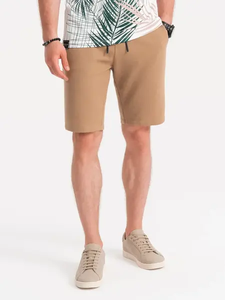 Ombre Men's knitted shorts with decorative elastic waistband - light brown