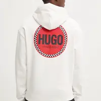 Bavlněná mikina HUGO pánská, bílá barva, s kapucí, s potiskem, 50530658