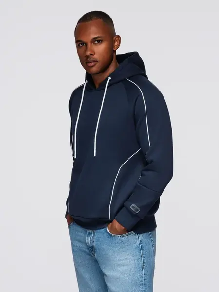 Ombre Men's sweatshirt with contrast stitching and hood - navy blue