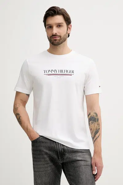 Bavlněné tričko Tommy Hilfiger pánské, bílá barva, s potiskem, MW0MW40324