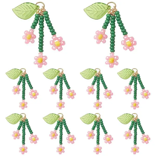 10Pcs Glass Seed Beaded Flower Pendants