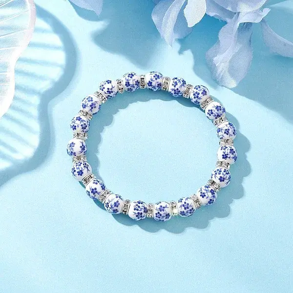 Flower Printed Porcelain Ceramic Beads Stretch Bracelets for Women
