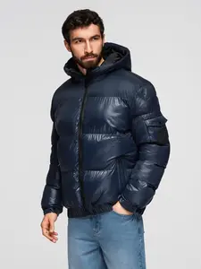 Ombre Warm men's puffer jacket with welts - navy blue