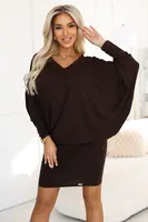 402-9 Comfortable batwing dress with long sleeves - chocolate