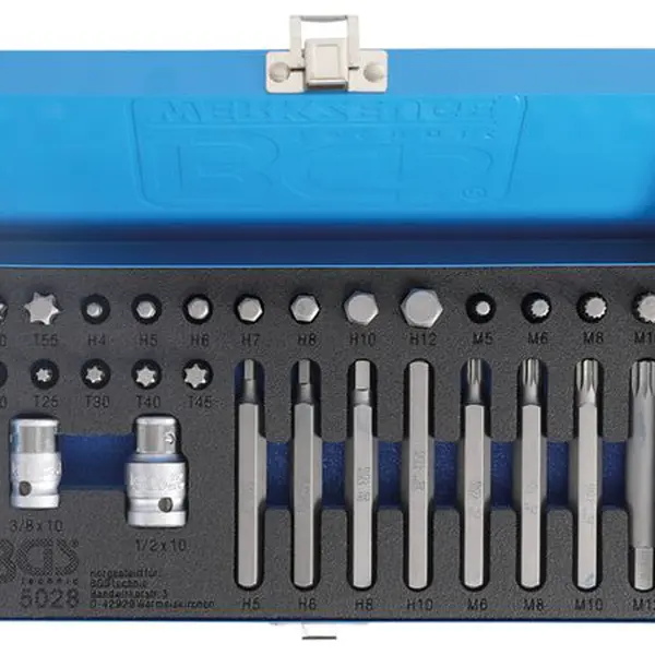 BGS Technic BGS 5028 Bity 3/8" inbus, T-profil, XZN včetně adapteru 3/8" a 1/2". Sada 28 d