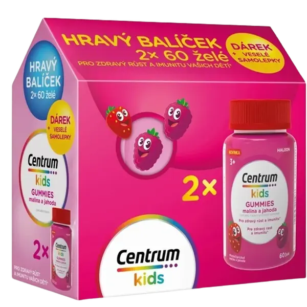 CENTRUM Kids Gummies, Malina a jahoda želé, Dárkové balení 2 x 60 tablet