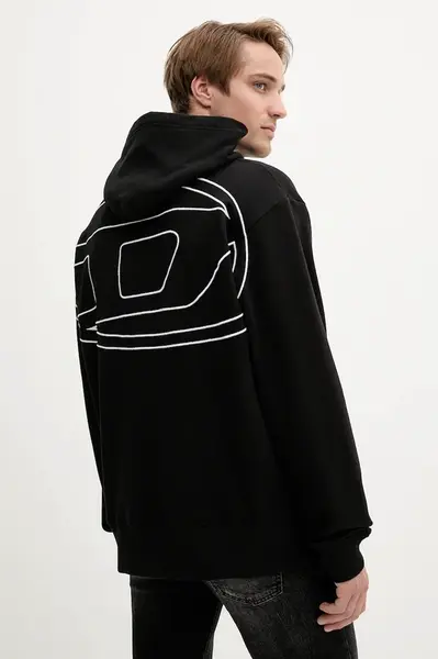 Bavlněná mikina Diesel S-MACS-HOOD-MEGOVAL-D pánská, černá barva, s kapucí, vzorovaná, A11304.0GYCJ