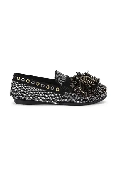 Semišové mokasíny Kurt Geiger London Pom Pom Moccasin dámské, černá barva, na plochém podpatku, 4369500609
