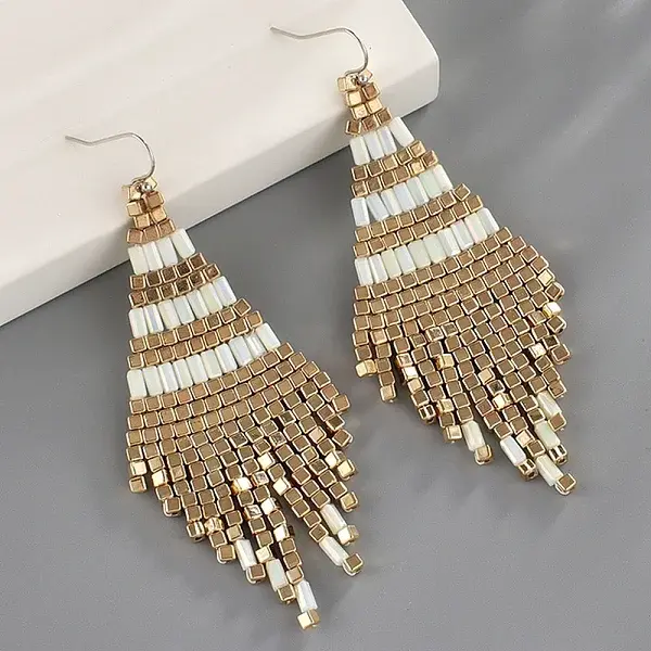 Boho Seed Bead Rhombus Tassel Earrings