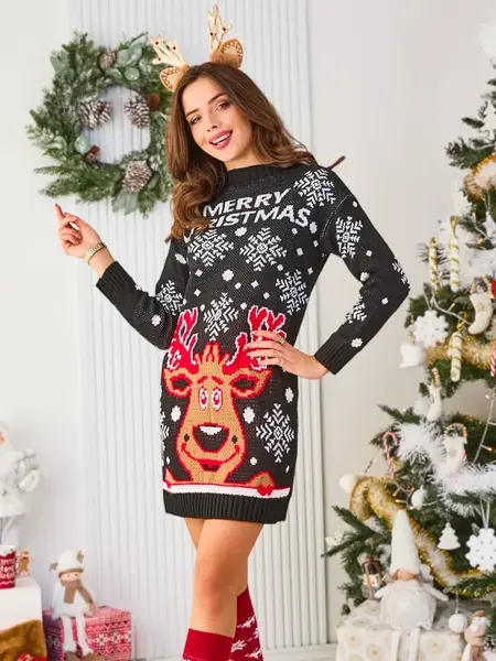 Resti Christmas Sweater Women's Dress in Black