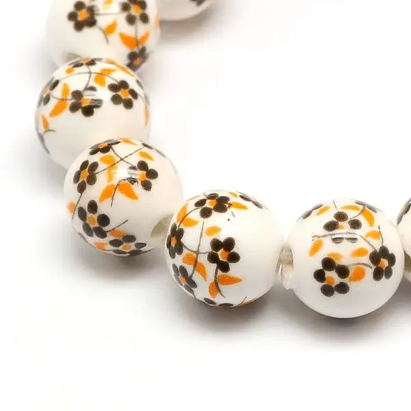 Handmade Flower Printed Porcelain Ceramic Beads Strands