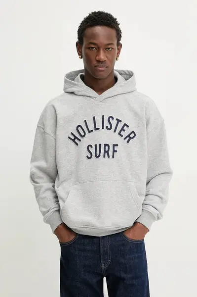 Mikina Hollister Co. pánská, šedá barva, s kapucí, s aplikací, KI322-5388-122