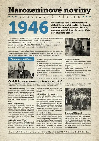 Narozeninové noviny 1946 s vlastní fotografií a textem, S fotografií a textem