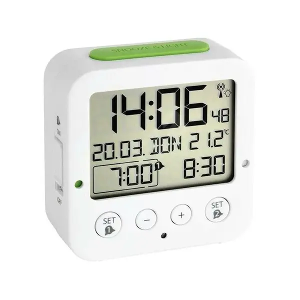 60.2528.02 TFA BINGO Digitálny rádiom riadený budík, 2 časy budenia, vnútorná teplota, biely