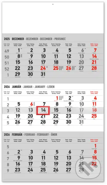 NOTIQUE Nástenný kalendár 3-mesačný štandard 2026 - sivý