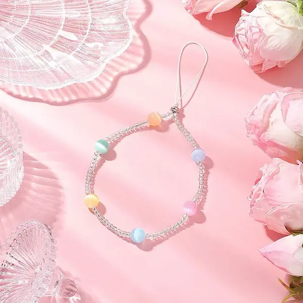 Dyed Natural Selenite & Glass Seed Round Beaded Phone Hand Strap Chains