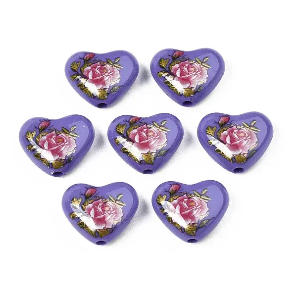 Flower Printed Opaque Acrylic Heart Beads