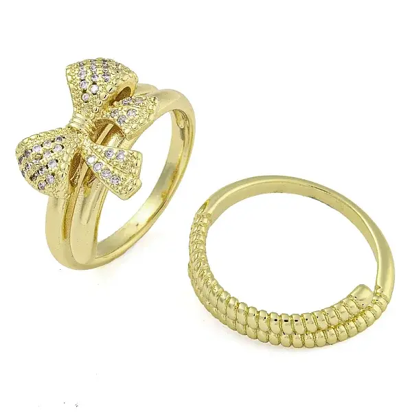 Bowknot Brass Micro Pave Clear Cubic Zirconia Open Cuff Double Rings