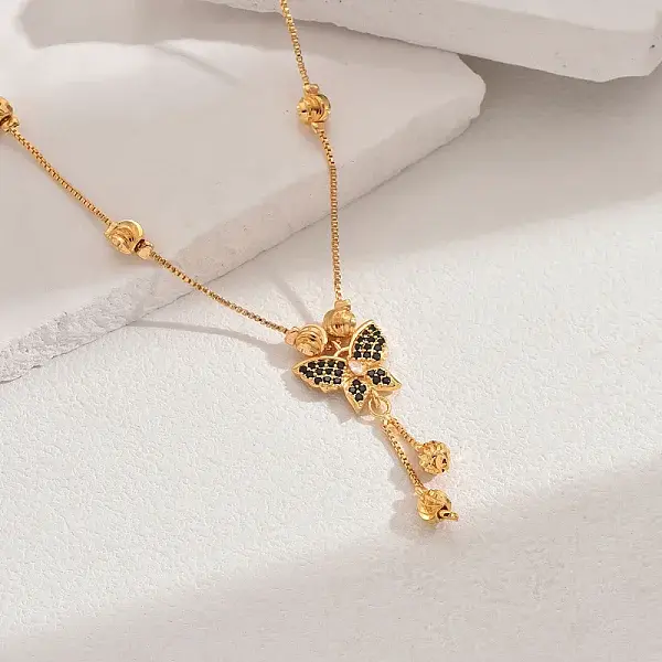 Fashionable Brass Pave Cubic Zirconia Butterfly Pendant Necklaces