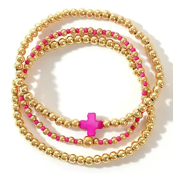 3Pcs Golden Luxury Brass Beaded Gothic Cross Ladies Elastic Bracelet Sets