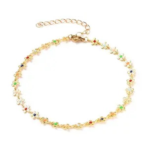 Brass Enamel Flower Link Chain Anklets