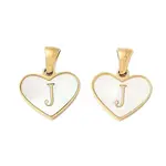 304 Stainless Steel Pave Natural White Shell Heart with Initial Slice Pendants