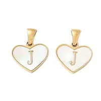 304 Stainless Steel Pave Natural White Shell Heart with Initial Slice Pendants